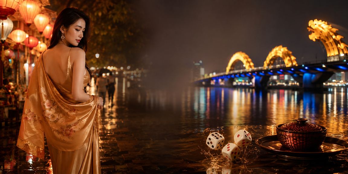 Người chơi tài xỉu xúc xắc tại chợ đêm Đà Nẵng với không khí náo nhiệt và đèn neon rực rỡ